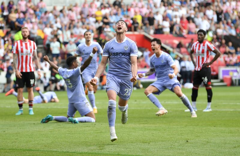 Leeds United players celebrate after Jack Harrison's late winner at Brentford in the Premier League game on Sunday, May 22, 2022. Getty