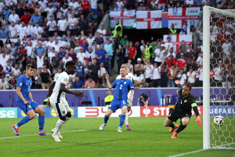 Bukayo Saka of England scores a goal that was ruled out for an offside. Getty Images