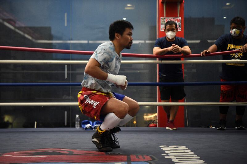 Manny Pacquiao training at his gym in the city of General Santos in southern island of Mindanao for his upcoming bout against Errol Spence.