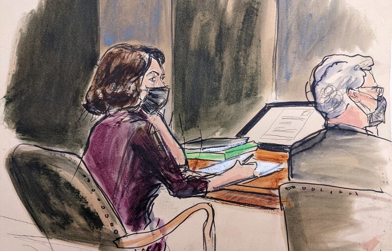 In this courtroom sketch, Ghislaine Maxwell sits with defence lawyer Jeffrey Pagliuca, listening to evidence in her trial. AP