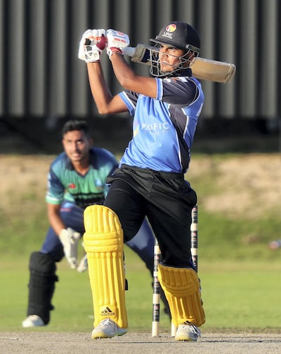 Ajman, United Arab Emirates - December 02, 2020: Sport. King's Aryan Lakra bats in the game between Team MGM v Kings in the Ajman T10 Talent Hunt League. Wednesday, December 2nd, 2020 in Ajman. Chris Whiteoak / The National