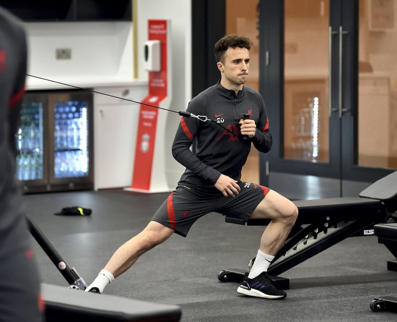 KIRKBY, ENGLAND - NOVEMBER 19: (THE SUN OUT, THE SUN ON SUNDAY OUT) Diogo Jota of Liverpool during a gym training session at AXA Training Centre on November 19, 2020 in Kirkby, England. (Photo by Andrew Powell/Liverpool FC via Getty Images)