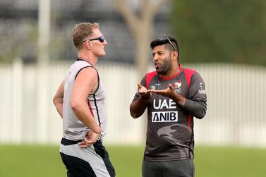 UAE captain Mohammed Naveed and coach Dougie Brown. Chris Whiteoak / The National