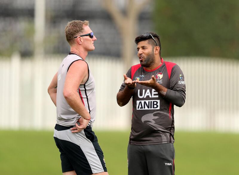 Dubai, United Arab Emirates - March 28, 2019: UAE's Mohammad Naveed speaks with coach Dougie Brown during the game between UAE and USA. Thursday the 28th of March 2019, The Sevens, Dubai. Chris Whiteoak / The National