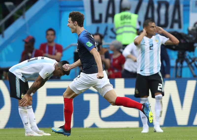 France's Benjamin Pavard celebrates after scoring his side's second goal. Thanassis Stavrakis/ AP Photo