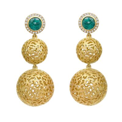 Gold filligree and Zambian emerald double ball drop earrings by Sandy Leong x Gemfields. Courtesy Gemfields