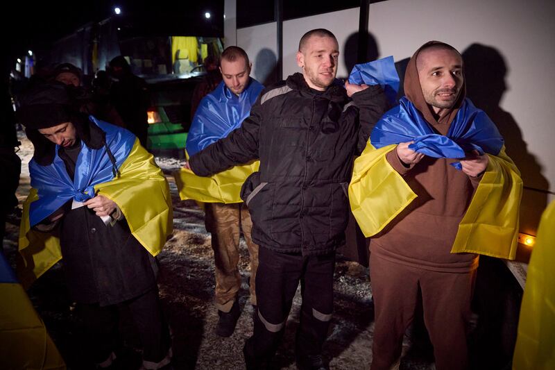 Ukrainian prisoners of war after a prisoner exchange near Sumy, Ukraine. AP