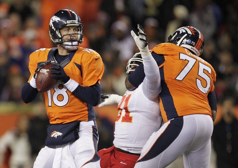 Peyton Manning did not take a sack against the league's leading defence, Kansas City, on Sunday night. Joe Mahoney / AP