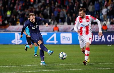 Soccer Football - Champions League - Group B - Crvena Zvezda v Tottenham Hotspur - Rajko Mitic Stadium, Belgrade, Serbia - November 6, 2019  Tottenham Hotspur's Christian Eriksen shoots at goal   Action Images via Reuters/Andrew Boyers