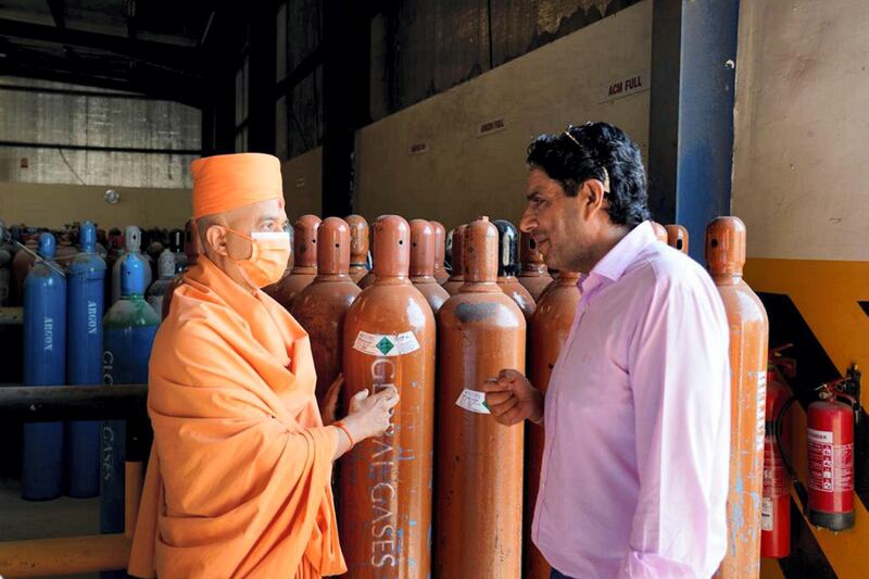 About 600 oxygen cylinders are being shipped to India from Dubai along with two tanks filled with 44 metric tons of liquid oxygen by the Baps Hindu temple in Abu Dhabi. Courtesy: Baps Hindu Mandir
