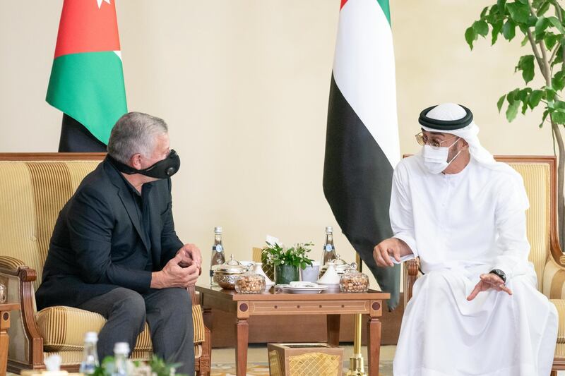 ABU DHABI, UNITED ARAB EMIRATES - July 22, 2020: HH Sheikh Mohamed bin Zayed Al Nahyan, Crown Prince of Abu Dhabi and Deputy Supreme Commander of the UAE Armed Forces (R), meets with HM King Abdullah II, King of Jordan (L).

( Rashed Al Mansoori / Ministry of Presidential Affairs )
---