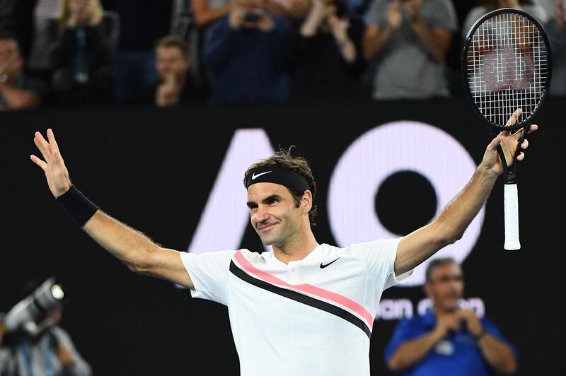 MELBOURNE, AUSTRALIA - JANUARY 24:  Roger Federer of Switzerland celebrates winning his quarter-final match against Tomas Berdych of the Czech Republic on day 10 of the 2018 Australian Open at Melbourne Park on January 24, 2018 in Melbourne, Australia.  (Photo by Quinn Rooney/Getty Images)