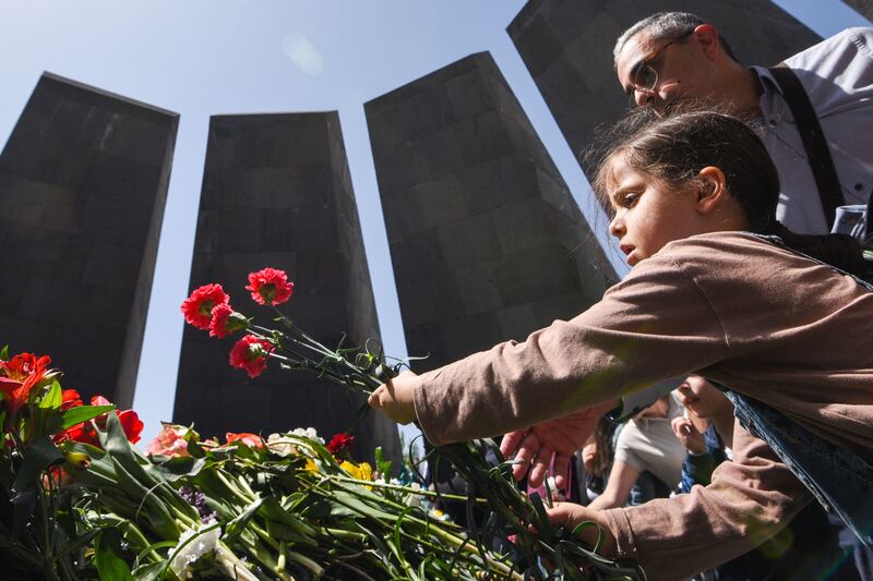 Flowers are laid at the Tsitsernakaberd Memorial in Yerevan, the capital of Armenia, to the 1.5 million Armenians who were killed under Ottoman rule in the First World War. AFP