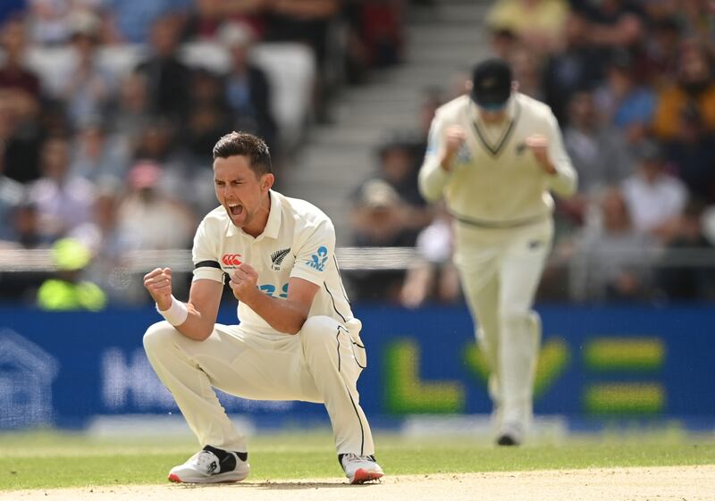 Trent Boult of New Zealand celebrates the wicket of Jamie Overton for 97. Getty