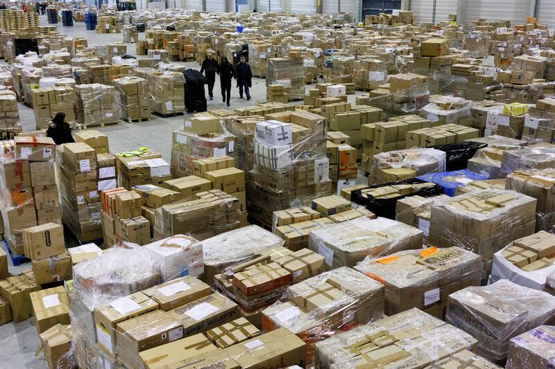 Relief supplies destined for earthquake survivors in Turkey, at a warehouse in Schoenefeld, near Berlin, Germany. AP