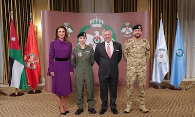 A handout picture released by the Jordanian Royal Palace on January 8, 2020 shows Jordanian King Abdullah II (C-R) posing for a picture with his son Crown Prince Hussein (R) and his wife Queen Rania (L) after presenting his daughter Princess Salma bint Abdullah (C-L) with her wings for completing her pilot training in the capital Amman.  - RESTRICTED TO EDITORIAL USE - MANDATORY CREDIT "AFP PHOTO / JORDANIAN ROYAL PALACE / YOUSEF ALLAN" - NO MARKETING NO ADVERTISING CAMPAIGNS - DISTRIBUTED AS A SERVICE TO CLIENTS
 / AFP / Jordanian Royal Palace / Yousef ALLAN / RESTRICTED TO EDITORIAL USE - MANDATORY CREDIT "AFP PHOTO / JORDANIAN ROYAL PALACE / YOUSEF ALLAN" - NO MARKETING NO ADVERTISING CAMPAIGNS - DISTRIBUTED AS A SERVICE TO CLIENTS

