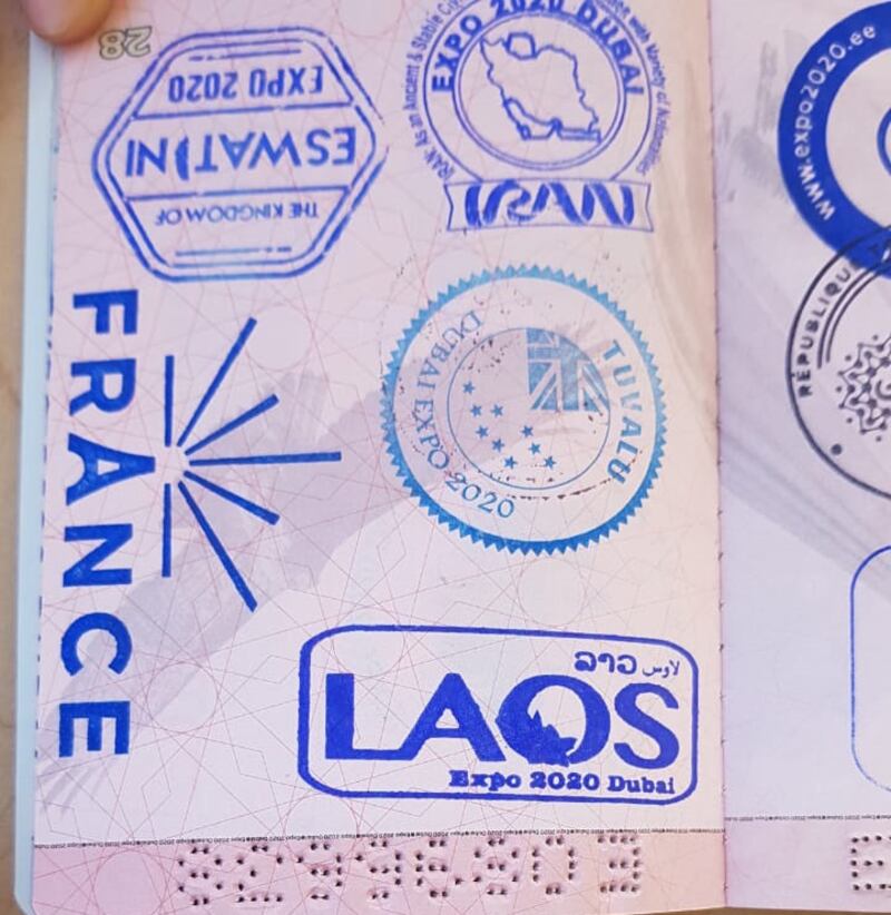 Pavilion stamps in Mr Zaanoun's passport, including those from France, Laos and Iran.