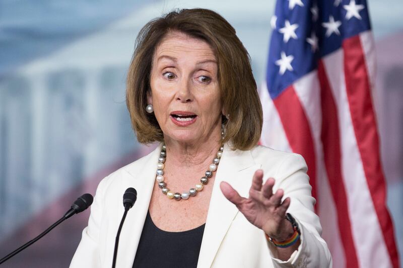 epa06204474 House Minority Leader Democrat Nancy Pelosi holds a news conference in which she discussed immigration policy and Deferred Action for Childhood Arrivals (DACA), on Capitol Hill in Washington, DC, USA, 14 September 2017. House Minority Leader Democrat Nancy Pelosi and Senate Minority Leader Democrat Chuck Schumer agreed to continue discussions with US President Donald J. Trump regarding protecting young undocumented immigrants, known as 'dreamers', from deportation and strengthening border security measures, excluding a wall.  EPA/MICHAEL REYNOLDS