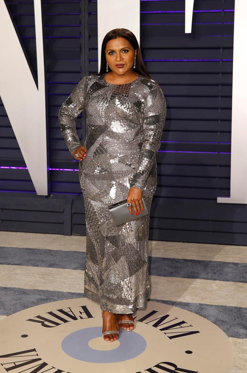 Mindy Kaling in Alberta Ferretti arrives at the 2019 Vanity Fair Oscar Party. Reuters