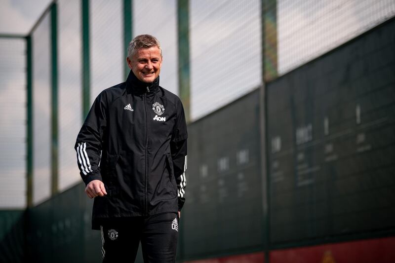 MANCHESTER, ENGLAND - APRIL 14: Manager Ole Gunnar Solskjaer of Manchester United in action during a first team training session at Aon Training Complex on April 14, 2021 in Manchester, England. (Photo by Ash Donelon/Manchester United via Getty Images)