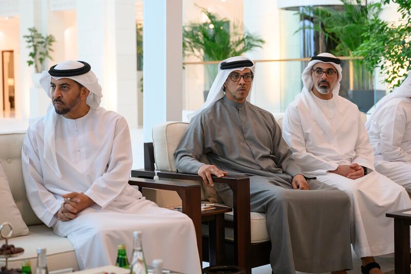 From left, Sheikh Hamdan bin Zayed, Ruler’s Representative in Al Dhafra Region; Sheikh Mansour bin Zayed, Vice President, Deputy Prime Minister and Minister of the Presidential Court; and Sheikh Khaled bin Mohamed, Crown Prince of Abu Dhabi and chairman of Abu Dhabi Executive Council, attend the meeting with Mr Ramos-Horta
