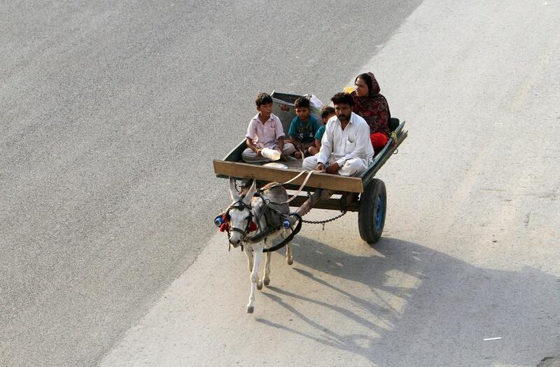 A family rides on a donkey cart in Lahore, Pakistan. Mohsin Raza / Reuters