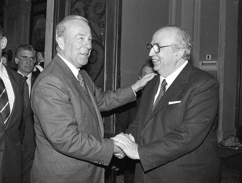 US Secretary of State George Shultz is greeted by Italian Defence Minister Giovanni Spadolini at the latter's office in Rome on March 29, 1986. Reuters
