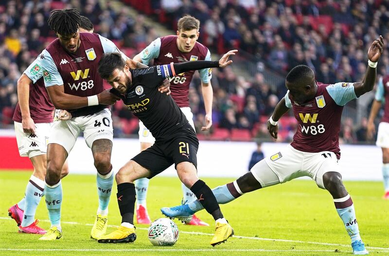 David Silva in action in the League Cup final win against Aston Villa . EPA