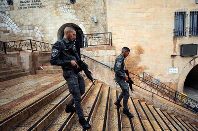 Israeli Border policemen patrol the area near the site of a shooting incident in Jerusalem's Old City. Reuters