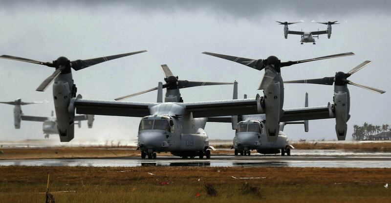 Ospreys from the US Navy Ship Charles Drew. Experts say that even with the V-22 Osprey tilt-rotor aircraft, designed to fly faster than conventional rescue helicopters, it would have taken more than two hours for rescue forces to reach Raqqa, Syria in an attempt to save Jordanian pilot Maaz Al Kassasbeh. Wolfgang Rattay/Reuters