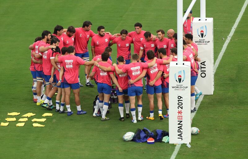 Uruguay warm up wearing 'Keep Rugby Clean' t-shirts before the Group D game against Australia. Getty