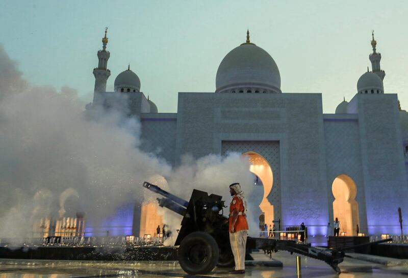 Abu Dhabi, United Arab Emirates, May 6, 2019.    First day of Ramadan at the Sheikh Zayed Grand Mosque. --  A canon is fired to end the fast.
Victor Besa/The National
Section:  NA
Reporter: