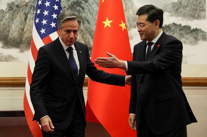 US Secretary of State Antony Blinken and China's Foreign Minister Qin Gang, in Beijing, on June 18. Pool / Reuters