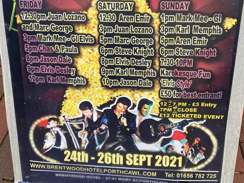 A poster of the running order of the acts performing at the Brentwood Hotel as part of Porthcawl Elvis Festival.