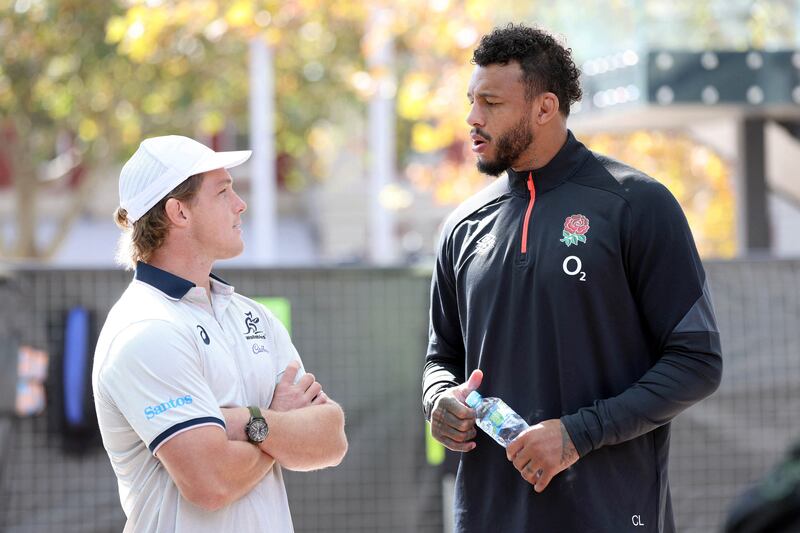 Michael Hooper talks to Courtney Lawes at a media opportunity in Perth on July 1, 2022. AFP