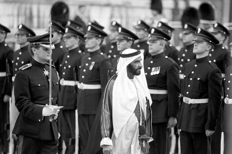 Sheikh Zayed inspects the Honourable Artillery Company's guard of honour at the Guildhall during a four-day state visit to Britain. Getty Images