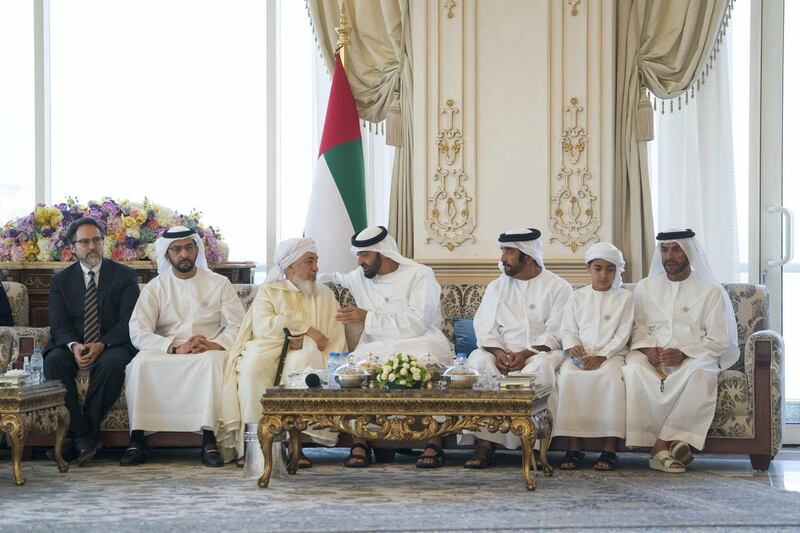 ABU DHABI, UNITED ARAB EMIRATES - July 09, 2018: HH Sheikh Mohamed bin Zayed Al Nahyan, Crown Prince of Abu Dhabi and Deputy Supreme Commander of the UAE Armed Forces (4th R), receives HE Shaykh Abdallah bin Bayyah (5th R), during a Sea Palace barza. Seen with HH Sheikh Suroor bin Mohamed Al Nahyan (R), HH Sheikh Tahnoon bin Mohamed bin Tahnoon Al Nahyan (2nd R), HH Sheikh Saif bin Mohamed Al Nahyan (3rd R) and HH Sheikh Hamdan bin Zayed Al Nahyan, Ruler’s Representative in Al Dhafra Region (6th R). 

( Mohamed Al Hammadi / Crown Prince Court - Abu Dhabi )
---