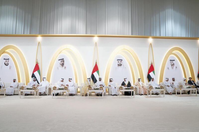 ABU DHABI, UNITED ARAB EMIRATES - November 03, 2019: HH Sheikh Mohamed bin Zayed Al Nahyan, Crown Prince of Abu Dhabi and Deputy Supreme Commander of the UAE Armed Forces (9th R) and HH Sheikh Mohamed bin Rashid Al Maktoum, Vice-President, Prime Minister of the UAE, Ruler of Dubai and Minister of Defence (8th R), attend the wedding of Saaed Mohamed Al Gergawi (7th R), at Dubai World Trade Centre. Seen with HE Mohamed Al Abbar, Founder and Chairman of Emaar Properties and Board Member of Eagle Hills (2nd R), HE Mohamed Mubarak Al Mazrouei, Undersecretary of the Crown Prince Court of Abu Dhabi (3rd R), HE Dr Anwar bin Mohamed Gargash, UAE Minister of State for Foreign Affairs (5th R),
HE Mohamed Abdulla Al Gergawi, UAE Minister of Cabinet Affairs and the Future (10th R), HH Lt General Sheikh Saif bin Zayed Al Nahyan, UAE Deputy Prime Minister and Minister of Interior (11th R), HH Sheikh Ahmed bin Mohamed bin Rashed Al Maktoum (12th R), HH Major General Sheikh Khaled bin Mohamed bin Zayed Al Nahyan, Deputy National Security Adviser (13th R) and other dignitaries. 


( Mohamed Al Hammadi / Ministry of Presidential Affairs )
---