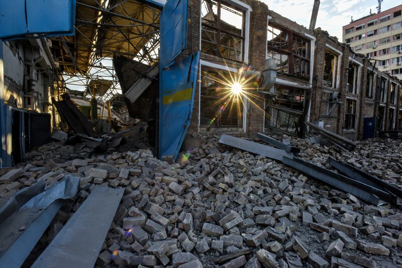 The remains of the Darnytsia Car Repair Plant damaged by missile strikes in Kyiv. EPA