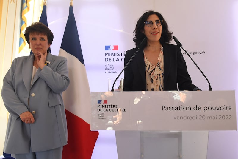 France's new Minister of Culture Rima Abdul Malak (right) replaces Roselyne Bachelot (left), who had been in the job for 22 months.   AFP