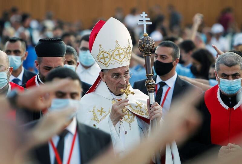 Lebanese Maronite Patriarch Bechara Boutros Al-Rai arrives to lead a Mass in memory of people who died in the explosion.