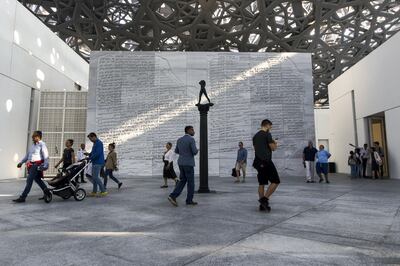 Abu Dhabi, United Arab Emirates, November 11, 2017:    Visitors attend the opening day at the Louvre Abbu Dhabi on Saadiyat Island in Abu Dhabi on November 11, 2017. Christopher Pike / The National

Reporter: James Langton, John Dennehy
Section: News