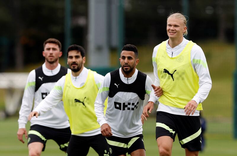 Manchester City's Erling Haaland, Riyad Mahrez, Ilkay Gundogan and Aymeric Laporte during training. Reuters