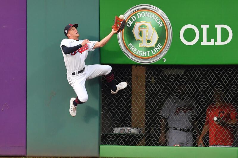 Myles Straw, of the Cleveland Indians, catches a fly ball hit by Milwaukee Brewers' Pablo Reyes in the MLB game at Progressive Field, Ohio, on Saturday, September 11. AFP