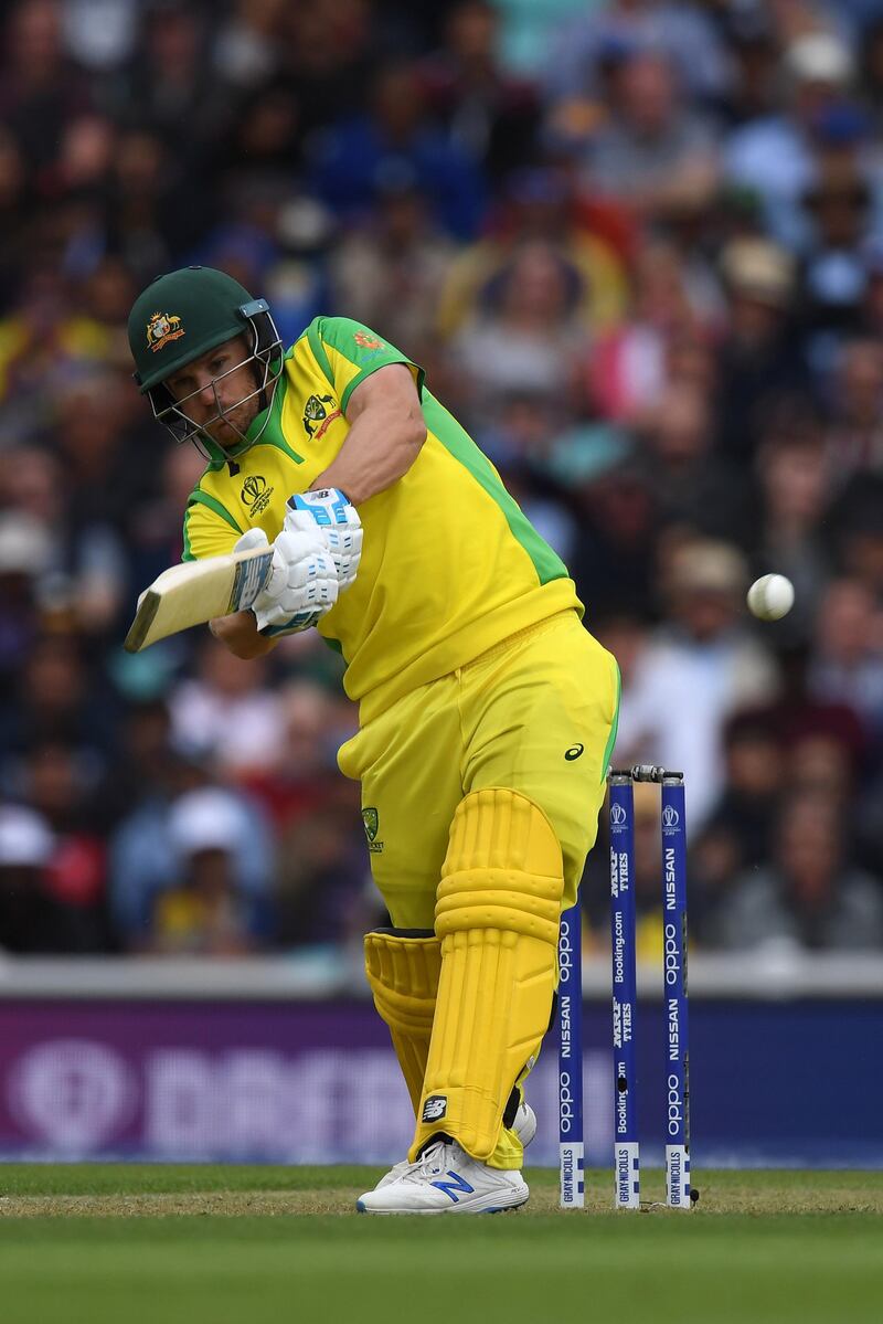 LONDON, ENGLAND - JUNE 15:  Aaron Finch of Australia hits a boundary to bring up his 150 during the Group Stage match of the ICC Cricket World Cup 2019 between Sri Lanka and Australia at The Oval on June 15, 2019 in London, England. (Photo by Mike Hewitt/Getty Images)