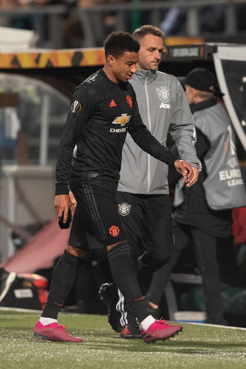 Manchester United's Jesse Lingard is substituted after suffering an injury during the UEFA Europa League Group L match at the Cars Jeans Stadion, The Hague. PA Photo. Picture date: Thursday October 3, 2019. See PA story SOCCER Alkmaar. Photo credit should read: Joe Giddens/PA Wire