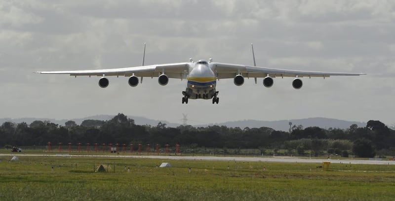 The aircraft, which has a crew of six and 42 tyres, is 84 metres long, has a wingspan of 88.4m and a height of 18.1m. Greg Wood / AFP