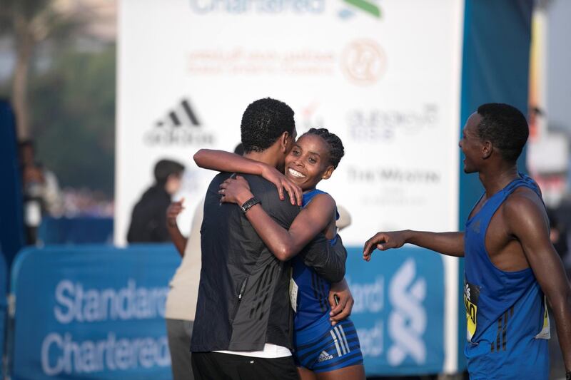 DUBAI, UNITED ARAB EMIRATES - Jan 26, 2018. 

Feyse Tadese wins second place at the Standard Chartered Dubai Marathon. 

(Photo by Reem Mohammed/The National)

Reporter: Amith
Section: NA + SP