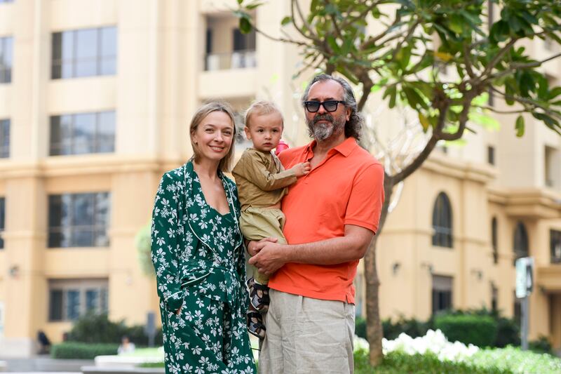 Dmytro Kotelenets, his wife Vasylisa Frolova and their son Rodion, 2, moved to the UAE in January 2022, just two weeks before the war started in Ukraine. Khushnum Bhandari / The National