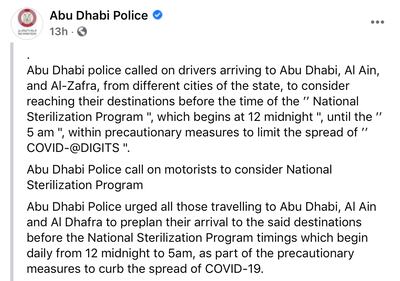 Abu Dhabi Police remind travellers about restrictions in place between midnight and 5am.
